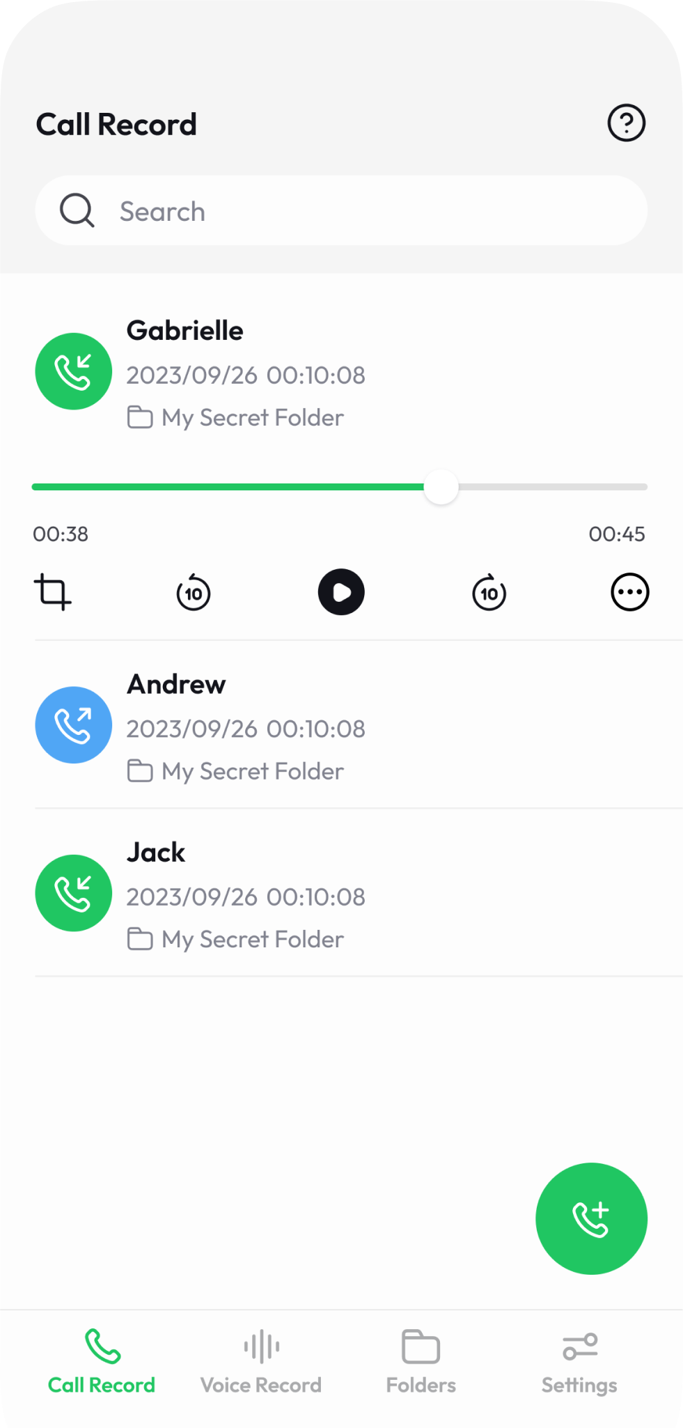 Call Recorder mobile UI screen